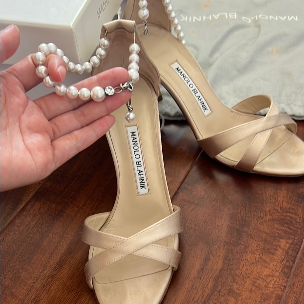 Manolo Blahnik Women's Pearl-Embellished Tan Heels